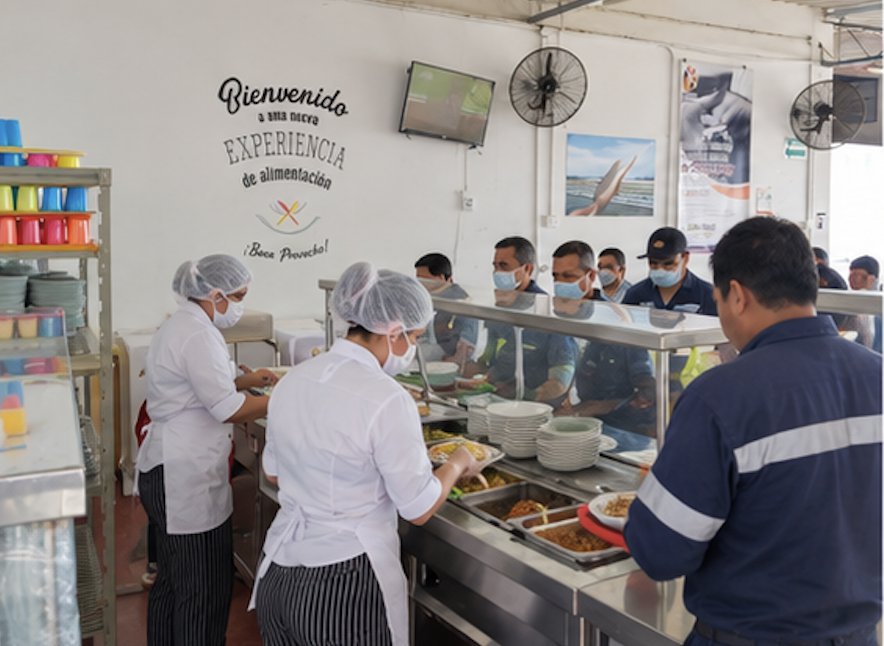 Personal con uniforme y redecilla sirviendo alimentos detrás de una vitrina