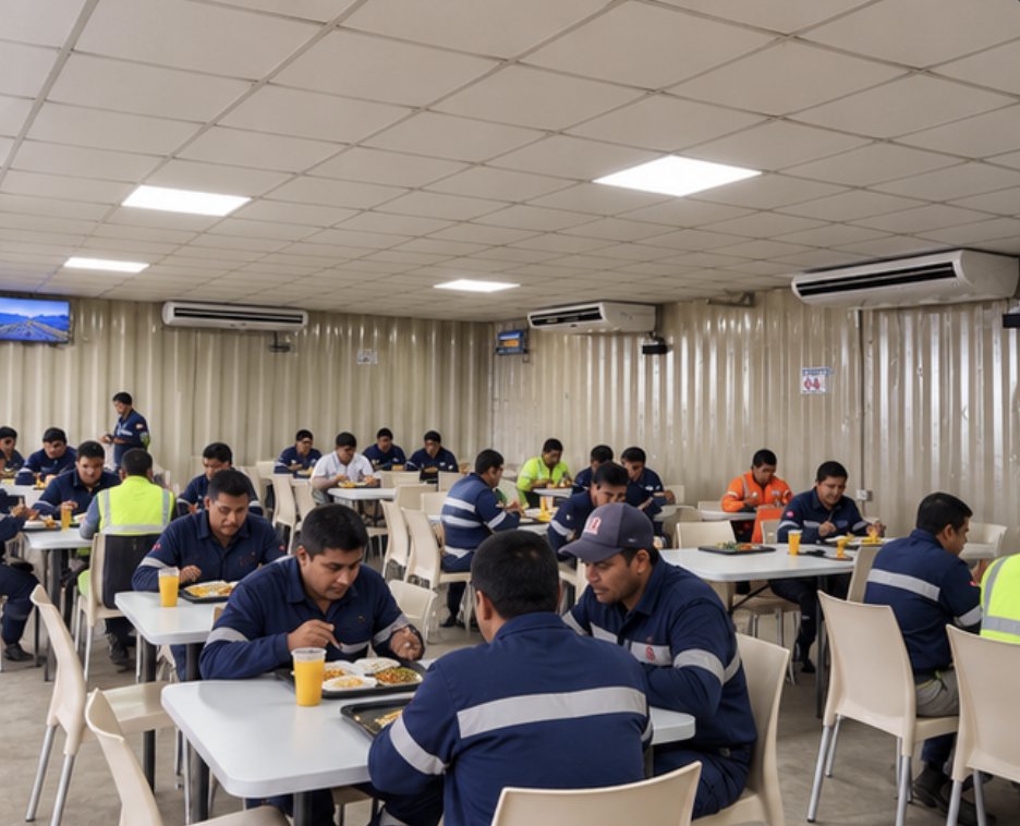 Colaboradores con uniformes de trabajo almorzando en un comedor interior