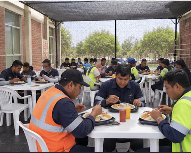 Colaboradores compartiendo el almuerzo en mesas de un comedor exterior techado